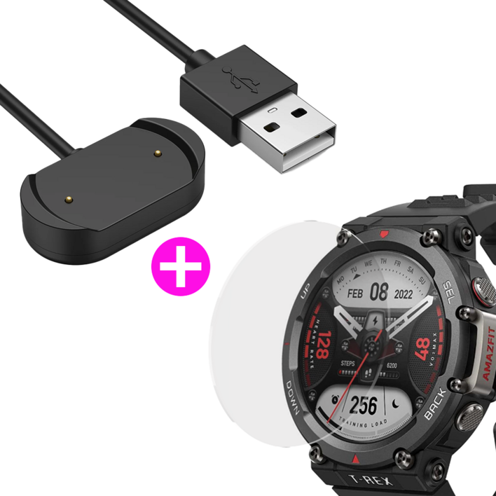 아이디스킨 세트 어메이즈핏 티렉스2 TREX2 강화유리 2매  충전 케이블 세트, 1개