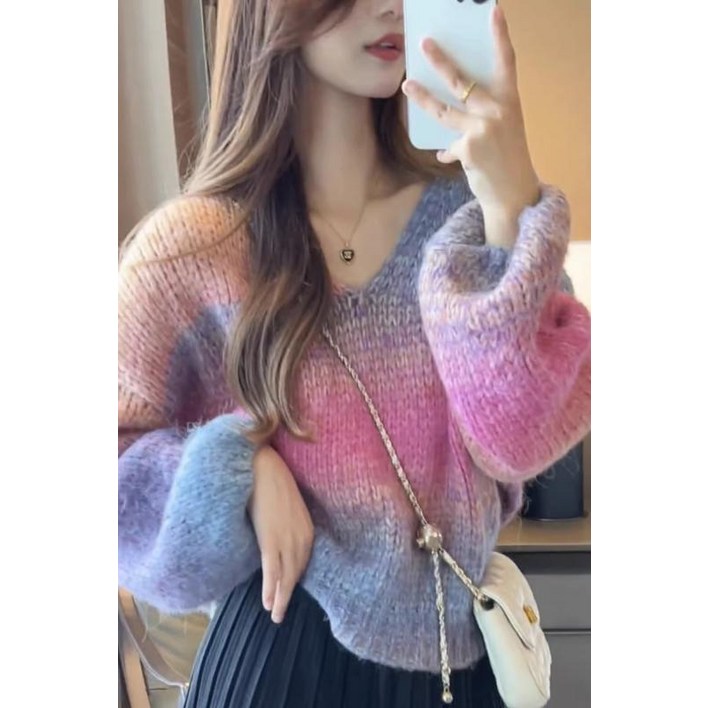 니트 무지개 그라데이션 오버핏 레트로 스웨터 루즈핏 솜사탕 파스텔 여리여리 레인보우 빈티지
