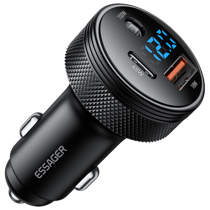 Essager DC 12V 100W USB AC포트 3포트 차량용 시거잭 자동차 초고속 충전기, 블랙, DCCA포트