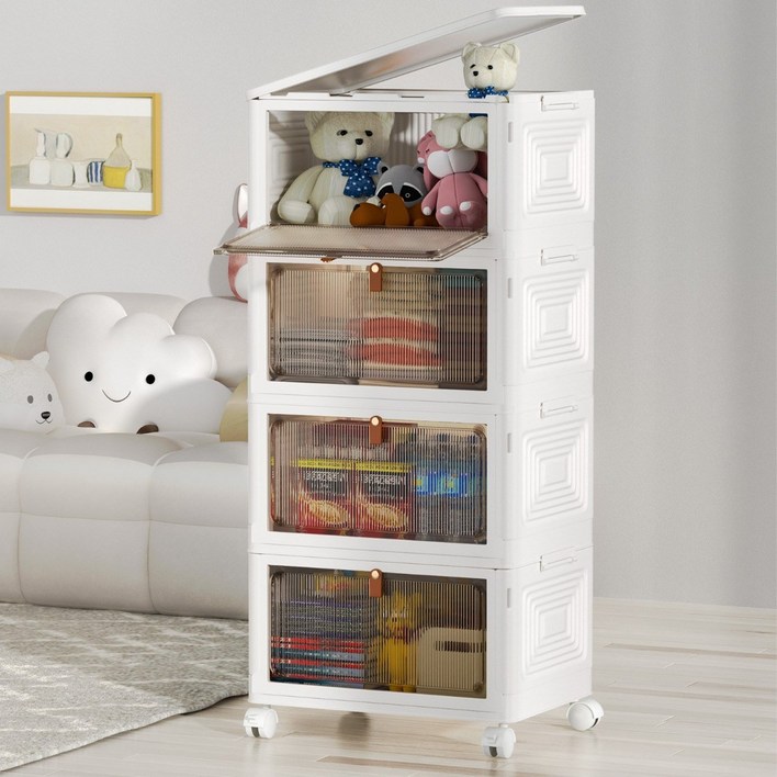 폴딩 대용량 리빙박스 수납장 대용량 수납 정리함 접이식 보관함 다용도 수납함 플라스틱 수납함 사물함 정리함 리빙박 스수납박스 대형가정용 장난감 수납장 옷정리함, 화이트, 4개
