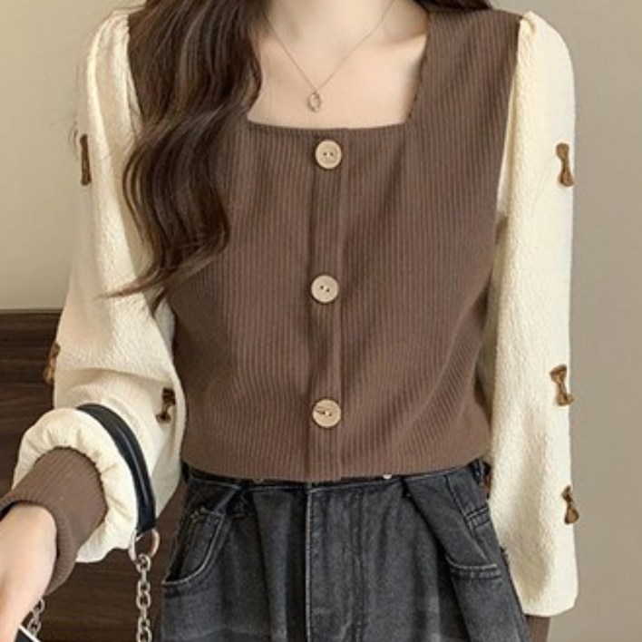 오스틱니 여성 빅사이즈 긴팔 서츠 스퀘어넥 페이크 레이어드 블라우스