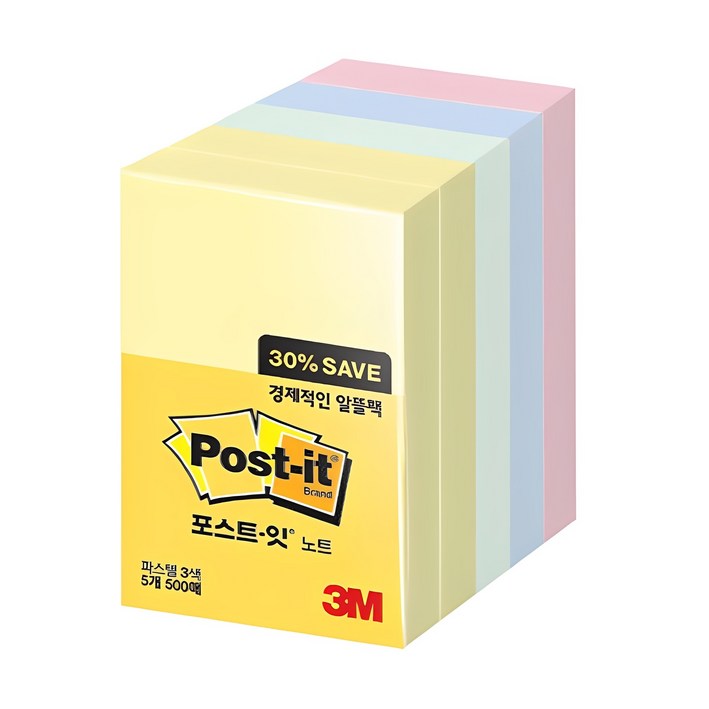 포스트잇 노트 알뜰팩 6565A, 노랑  애플민트  크림블루  러블리핑크, 500매, 1개
