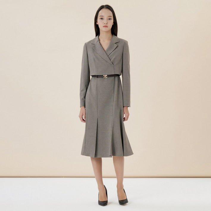 라인어디션 잔체크 카라 미디 원피스