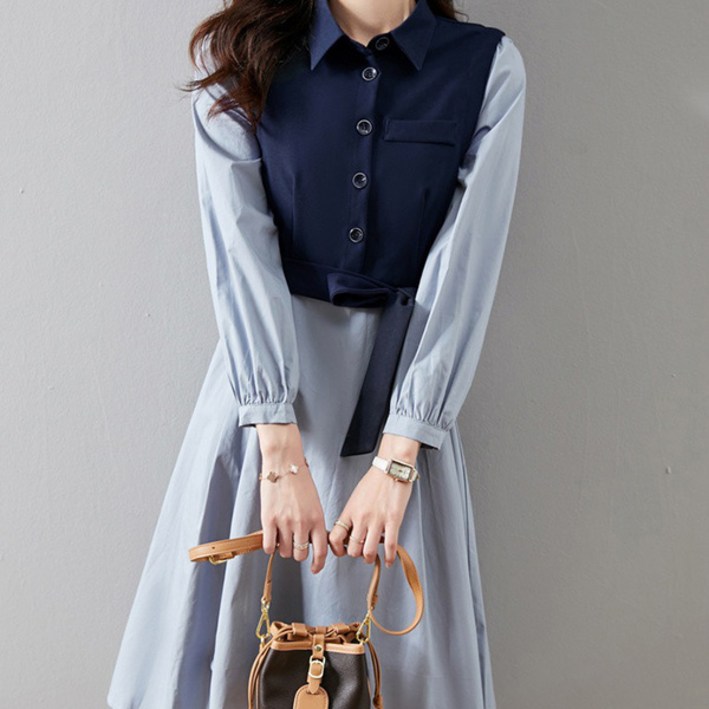 어썸풀 여성용 타르티 배색 카라 원피스 빅사이즈 포함