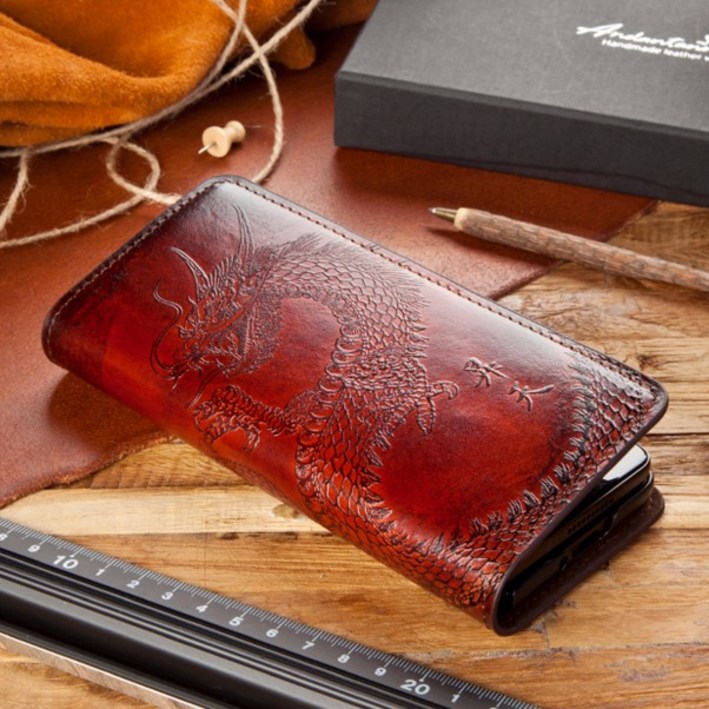 갤럭시Z폴드6 가죽케이스 용, 호랑이, 봉황각인 핸드메이드 가죽케이스