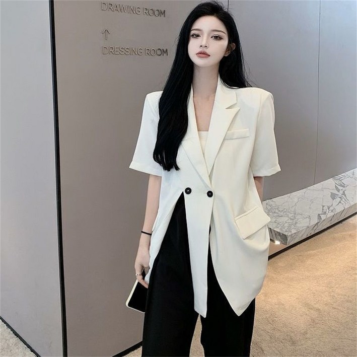 besteffie 반팔자켓 여성 더블카라 버튼 오버핏 반팔 여성 자켓 캐주얼 빅사이즈 반팔 롱자켓 E58