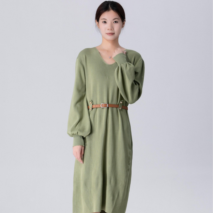 ORZQU 여성 가을 패션 브이넥 니트 원피스 고급 허리라인 롱 원피스