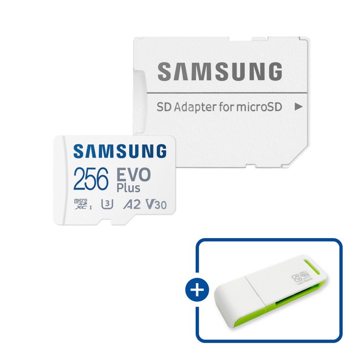 삼성전자 공식인증 정품 마이크로SD카드 EVO PLUS MB-MC256SA/KR + 이엘 연두 카드 리더기 USB2.0 2in1