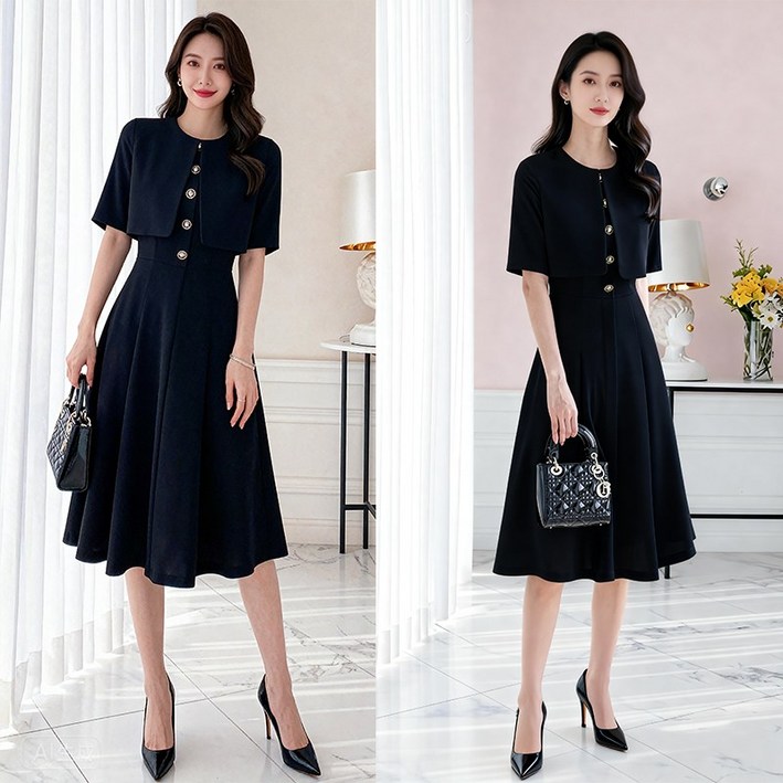 비비디아 여성용 여름 반팔 라운드넥 크롭형자켓 레이어드 플레어 원피스 5616