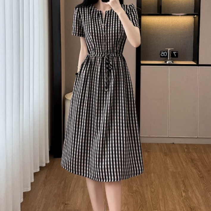 유니커프리 중년여성 스트링 미디 체크무늬 원피스 빅사이즈