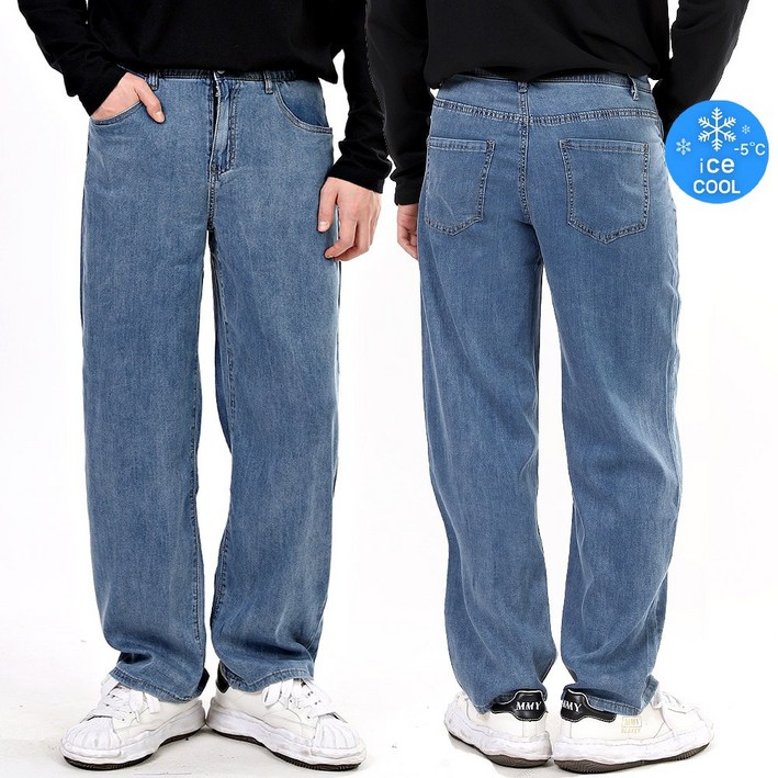 비브레이커스 남성용 여름 냉감 와이드 청바지 스판 히든 밴딩 아이스 쿨링 데님 3단기장