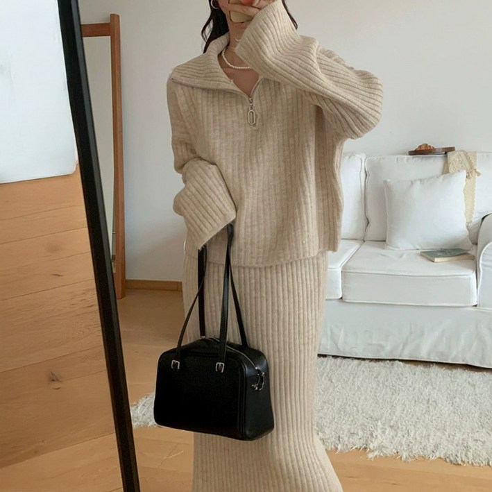 cammello 군살커버 루즈핏 하프집업 니트 롱스커트 투피스 셋업 겨울 데일리룩