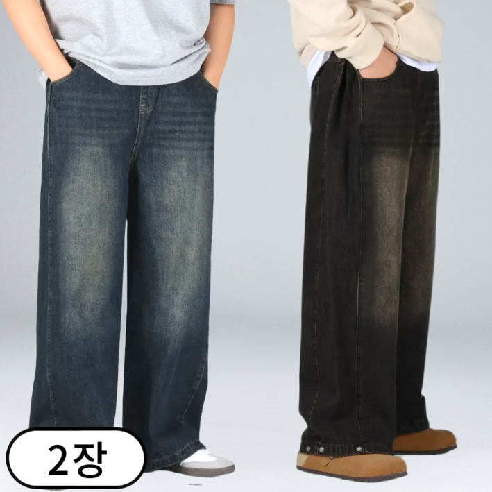1+1 남자 청바지 사이드턱 벌룬 데님 팬츠 밴딩 와이드 청바지 (6683-2)
