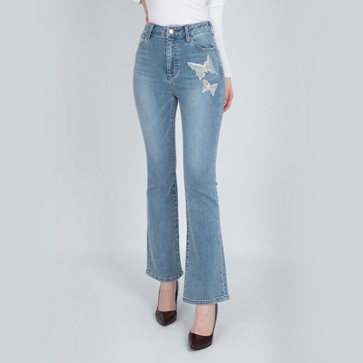 게스 여성 나비자수 비딩 프리미엄 플레어 붓컷 라이트블루 YN7D7007