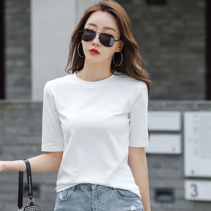 이매력 여성 라운드넥 티셔츠 얇은 면스판 슬림 이너 무지 반팔티 313