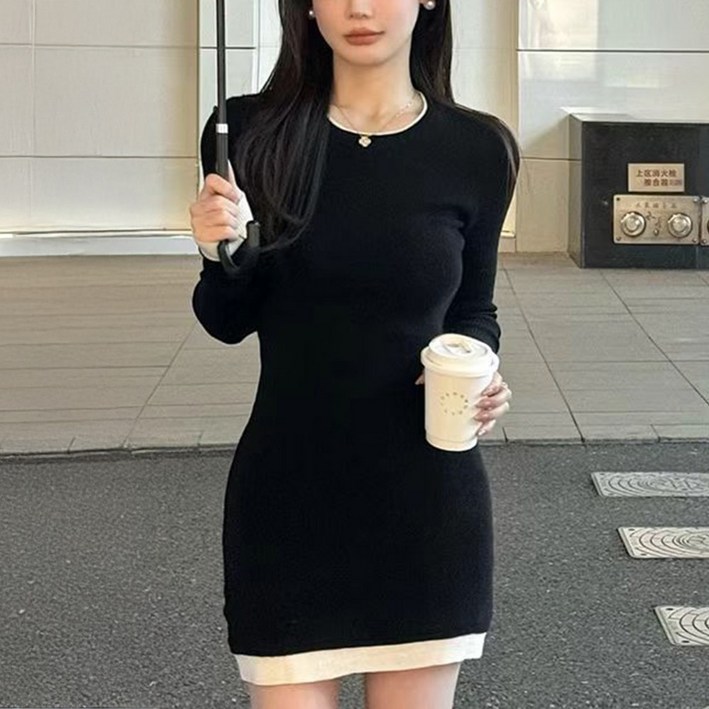 cammello 화이트 배색라인 슬림핏 니트 미니원피스 겨울 긴팔 미니드레스 하객룩