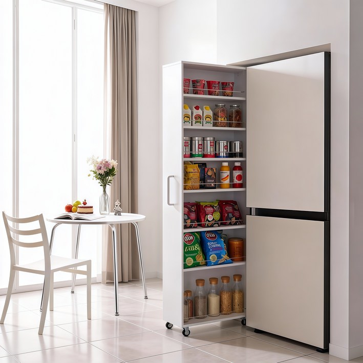 키큰 슬라이딩 틈새수납장 냉장고 틈새 수납장 틈새 사물함 수납 진열장, 흰색