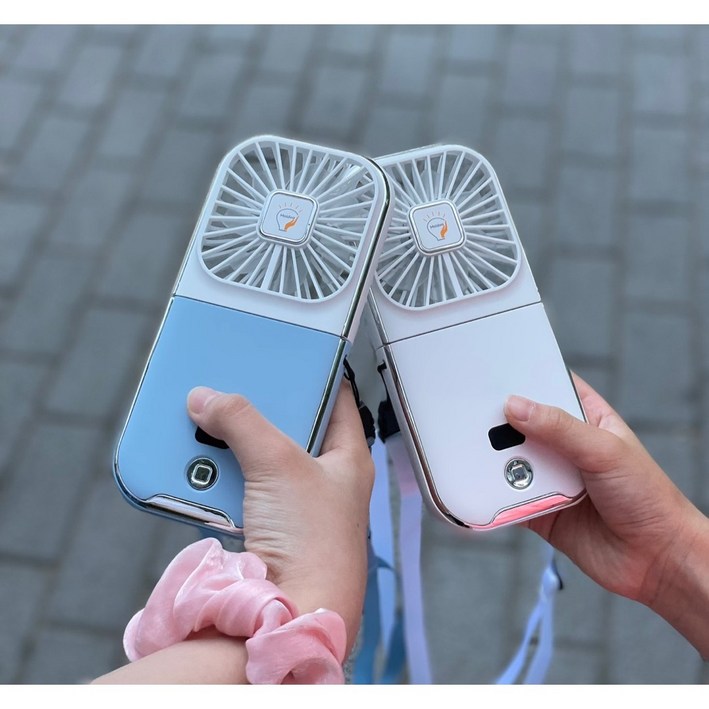 모아디어 보조배터리 겸용 폴딩선풍기 휴대용 접이식 목걸이 핸디형 탁상 스마트폰 거치, 블루화이트