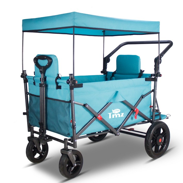 접이식 야외 유틸리티 왜건 캐노피가 있는 해변 왜건 카트 캠핑 쇼핑 정원 및 해변을 위한 휴대용 접이식 왜건 접이식 캠핑카 좌석 포함, 1개, 하늘색