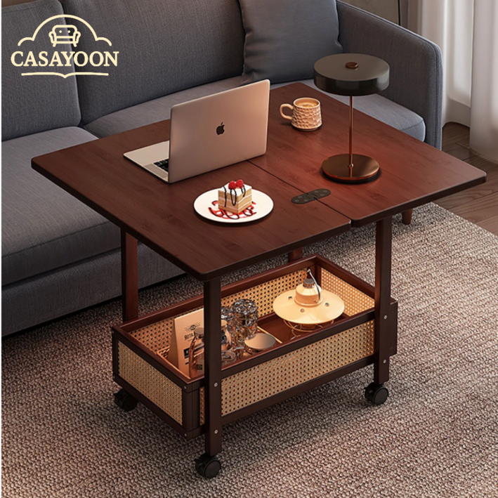 CASAYOON	이동식 회전식 리프트업 원목 접이식 테이블 수납테이블 거실 커피 다목적 카트	발코니 소형	확장형 카페 테이블