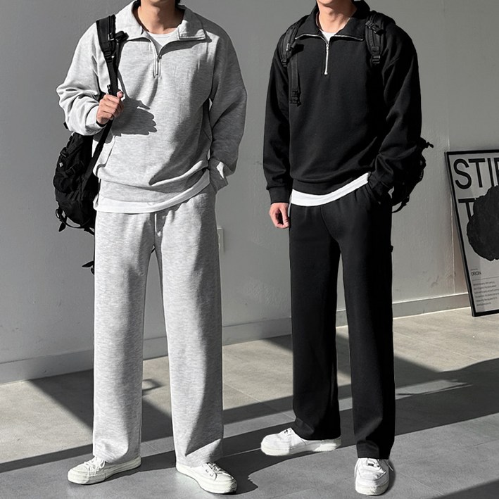 프리미엄 고급 남자 남성 반집업 맨투맨 세미와이드 트레이닝 바지 팬츠 츄리닝 셋업 상하의 세트