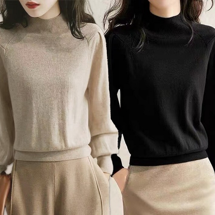 르보에 퍼프소매 셔링 반목 반폴라 니트 티셔츠