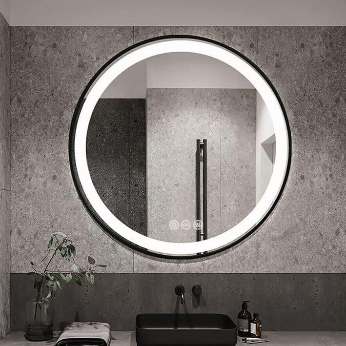 LUVODI 원형 led 조명거울 벽거울 600x600mm 김서림 방지, 3색 조정, 밝기 조정, 스마트 메모리성능, 줄길이 조절 가능 호텔 미용실 화장실 블랙 프레임