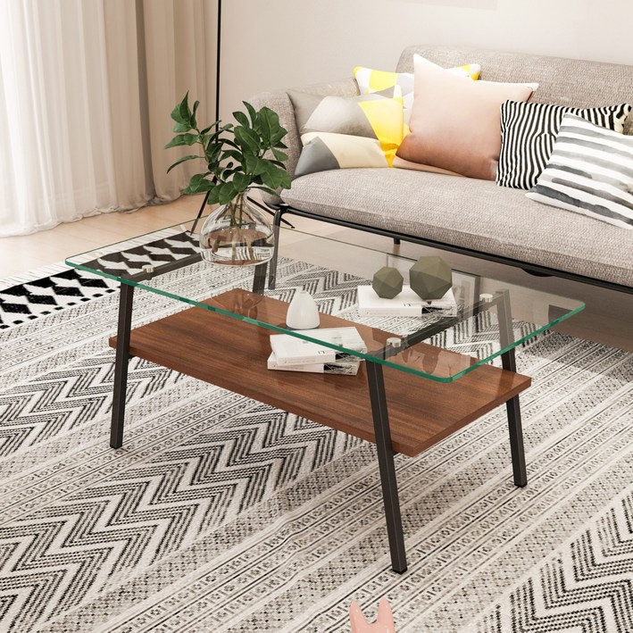 럭키스토리 거실 테이블 2단 우드 강화유리 거실 쇼파테이블