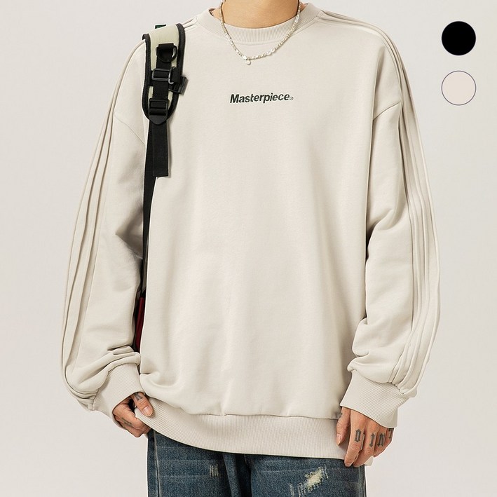 HANYO 남성용 빅사이즈 오버핏 어깨 라인 자수 라운드넥 맨투맨 긴팔티