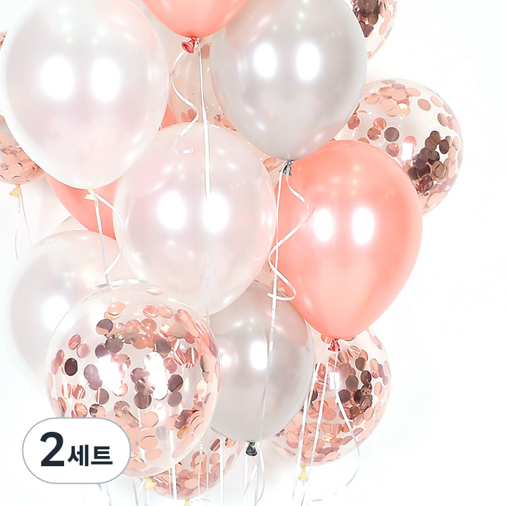 천장 풍선 20p  컬링리본  스펀지닷 세트, 풍선컨페티은박로즈골드, 펄실버, 펄화이트, 펄로즈골드, 리본화이트, 2세트
