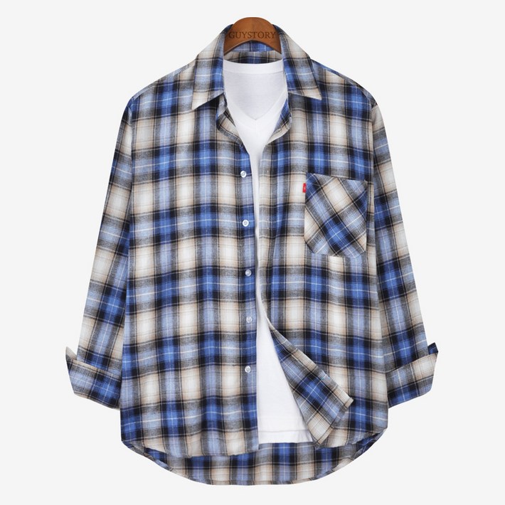 가이스토리 남녀공용 오버핏 긴팔 캐주얼 그렉트체크셔츠