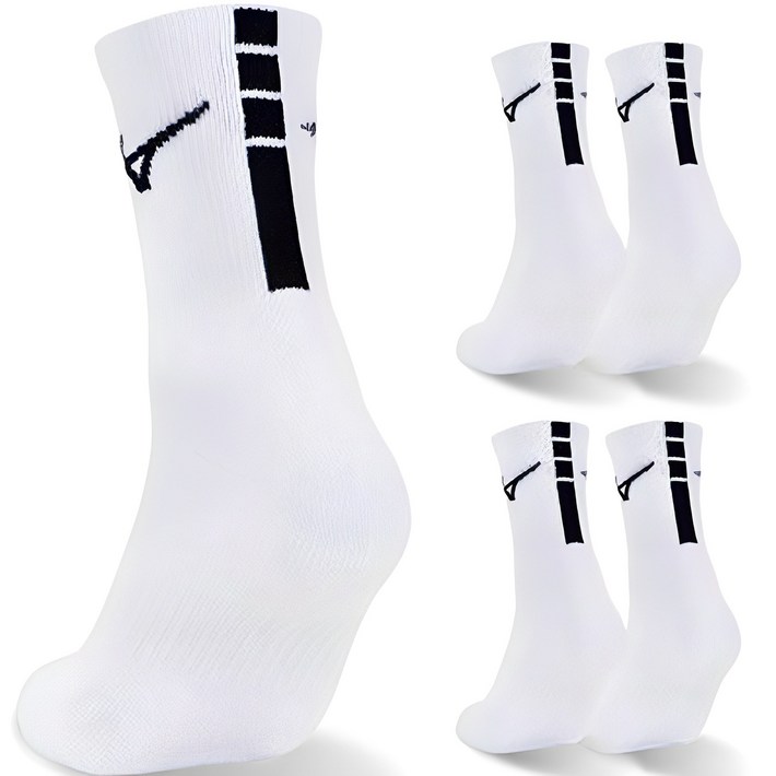 미즈노 플레이 더블 쿠션 미드 스포츠 양말, 화이트  블랙, 5개
