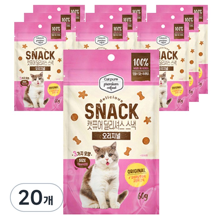 캣퓨어 고양이 딜리셔스 스낵, 20개, 60g, 오리지널 캣퓨어 고양이 딜리셔스 스낵, 20개, 60g, 오리지널