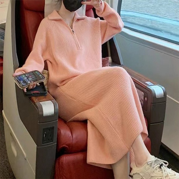 구디프 여성용 루즈핏 겨울 데일리 하프집업 니트 롱원피스