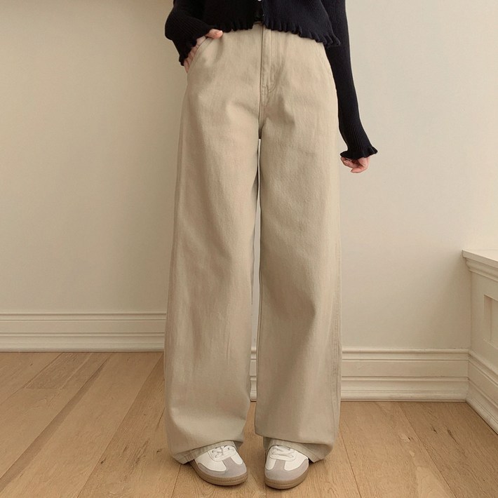 플랜데이 여성용 숏미디움롱 기장 테링 세미와이드 탄탄 코튼 팬츠