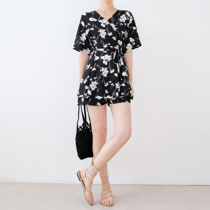 헤링본 랩스타일 플라워 반팔 미니 비치원피스  팬츠 세트