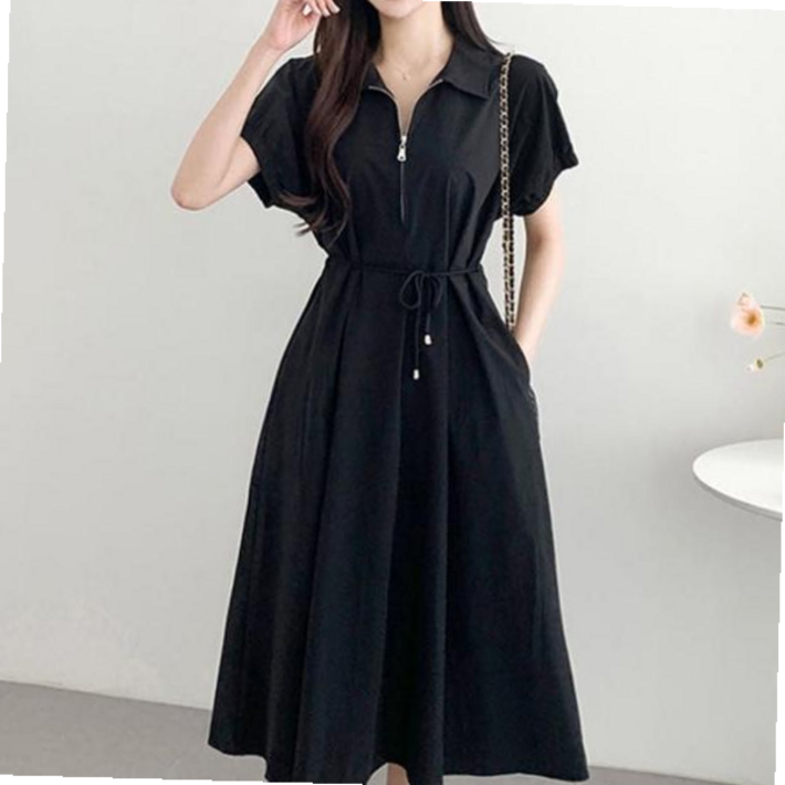 니트원피스 여성 레이스업 퍼프 소매 뒷면 셔링 반팔 원피스