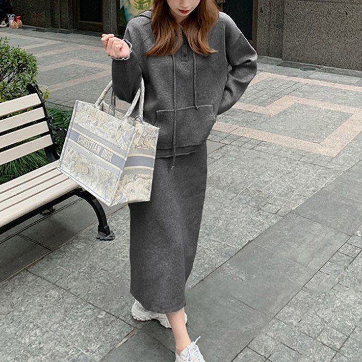 여성 트레이닝 세트 니트 티셔츠 밴딩 스커트 치마