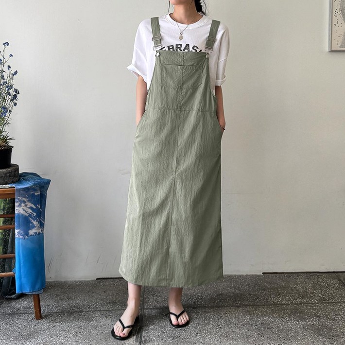 데일리앤 크랩 시원한 바스락 롱 원피스 여름 멜빵 끈 길이조절 원피스