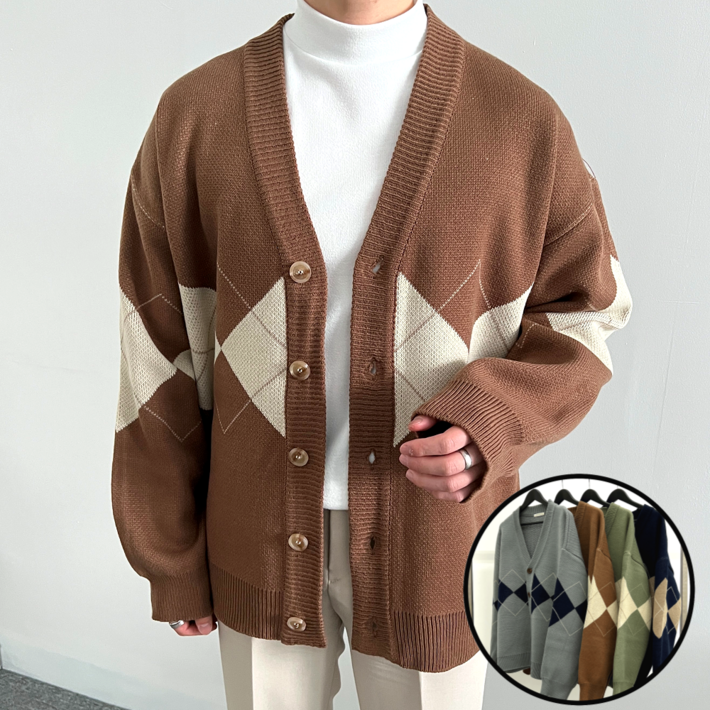 당일 출고 이브컴퍼니 남성용 두꺼운 봄 가을 오버핏 아가일 패턴 가디건 4color 3450