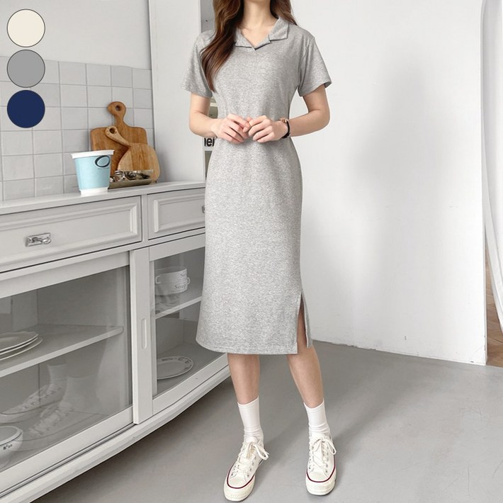 가비진 여성용 카라 반팔 롱 원피스 밑단 트임 허리 끈 조절 가능 국내생산 반소매 원피스 치마 3color