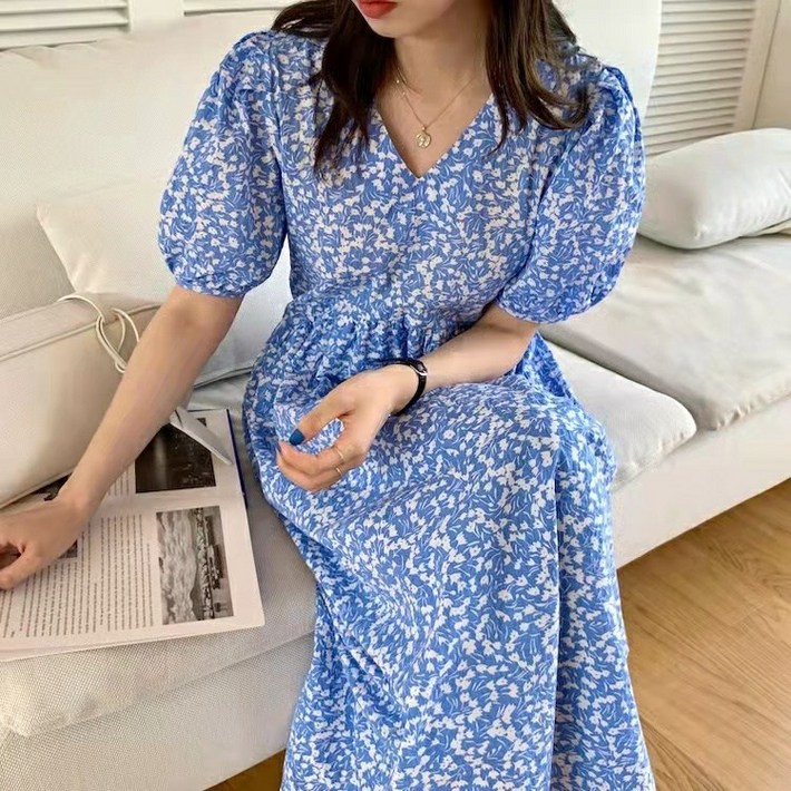꽃무늬반팔퍼프롱원피스시원한재질