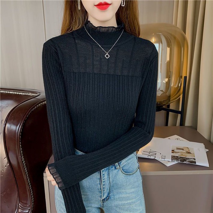 슬림소녀 여성 풀오버 반폴라 스웨터 레이스 스타일 슬림 티셔츠 긴팔 상의 꽈배기