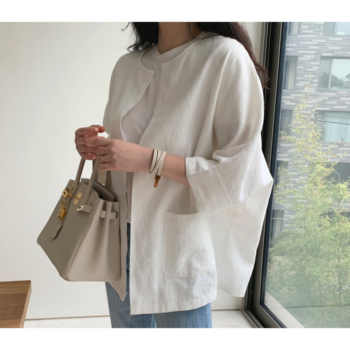 이유무무 NQ194 여성 루즈핏 빈티지 심플 7부 소매 면 마 자켓