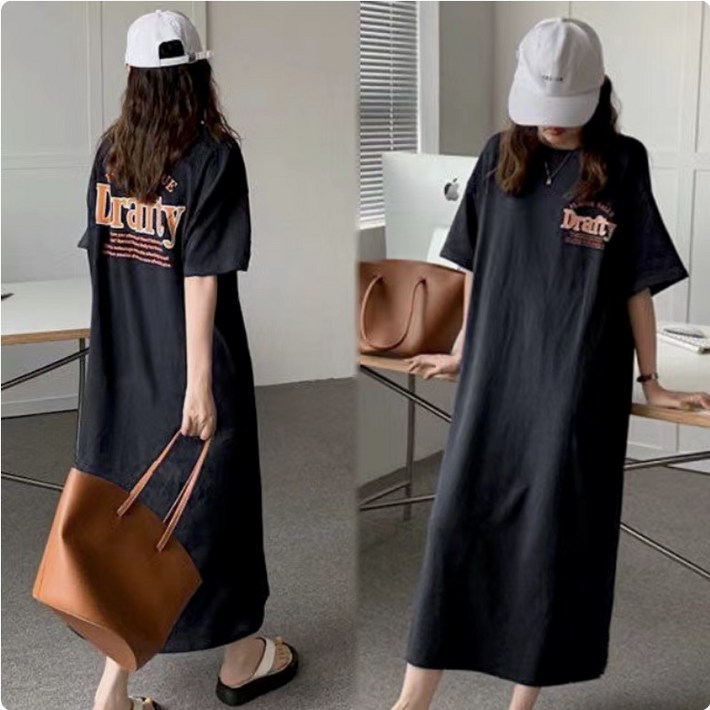 반팔 루즈핏 캐주얼 데일리 롱 반팔 원피스 롱원피스 레터링 롱 트임 반팔 원피스  빅사이즈 롱 만능원피스 박시 루즈핏 등원룩 홈웨어