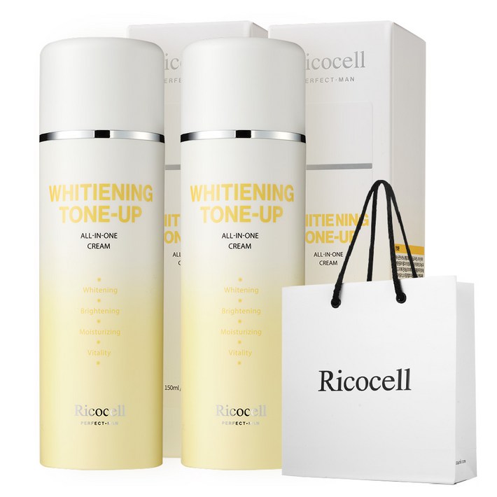 리코셀 퍼펙트 맨 화이트닝 톤업 올인원 크림  쇼핑백브라이트닝 수분 보습 온천수 코튼향 미백, 2개, 150ml