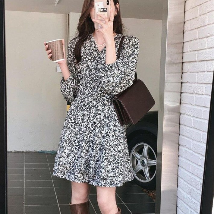 COSYEVNO 봄가을 여성 미디 긴팔 원피스 빈티지 슬림핏 플라워 A라인 스커트