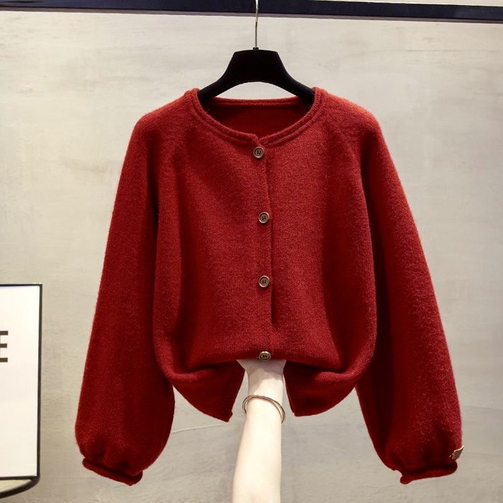 해피유통 여성 가을겨울 루즈핏 니트 가디건 레트로 스타일 라운드넥 짧은 외투