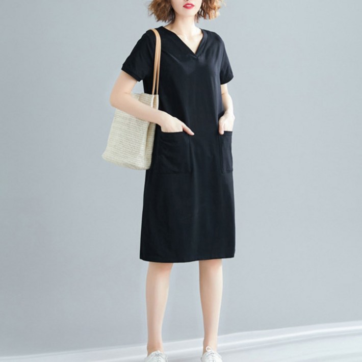더블 포켓 브이넥 베이직 원피스 여성 빅사이즈 여름시즌 편안한 데일리룩 아이템