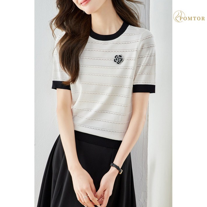 POMTOR 여성 여름 아이스 실크 스트라이프 니트 반팔 티셔츠